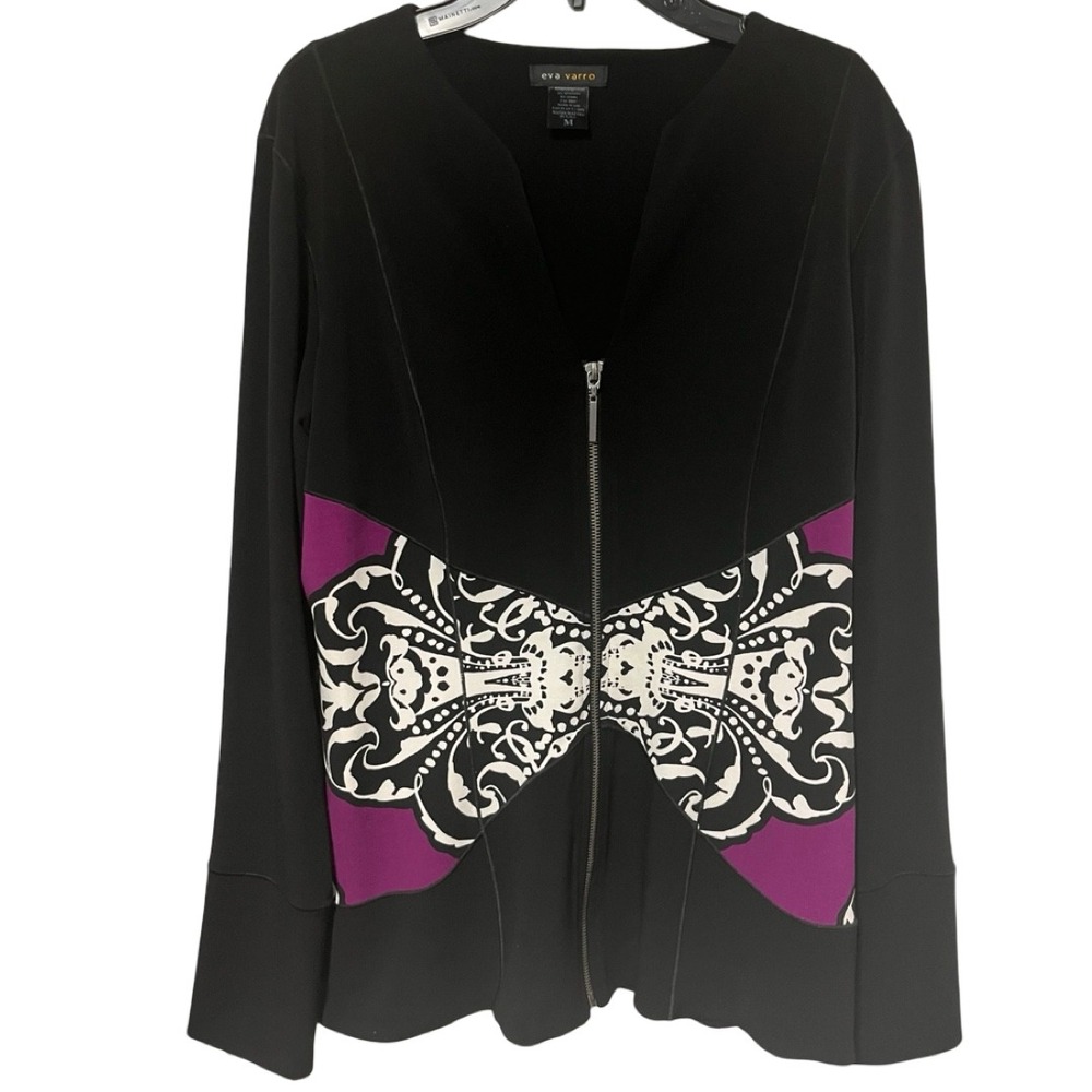 Eva Varro Handcrafted Zip Front Top Black Purple Butterfly Graphic Print Size M